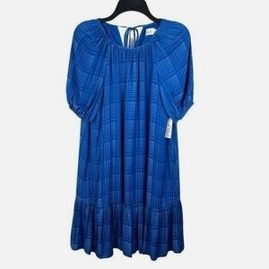 Eliza J Shift Dress Ruffle Hem Women 8 Blue Grid Puff Sleeve